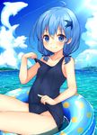  ahoge bare_shoulders black_swimsuit blue_eyes blue_hair blue_sky blush closed_mouth cloud day delphinium_(flower_knight_girl) flower_knight_girl hair_ornament kida_kuro_mu looking_at_viewer ocean one-piece_swimsuit school_swimsuit short_hair short_twintails sitting sky smile solo sparkle sunlight swimsuit twintails 