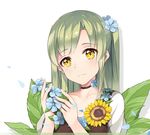  blush closed_mouth collarbone eyebrows_visible_through_hair flower green_hair hair_flower hair_ornament long_hair looking_at_viewer original ponytail smile solo sunflower upper_body yellow_eyes yukinoshita_(shaonjishi) 