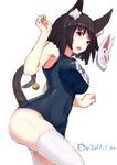  absurdres animal_ears ass azur_lane bell black_hair blush breasts cat_ears cat_tail chaoxi dated eyebrows_visible_through_hair highres large_breasts looking_at_viewer one-piece_swimsuit open_mouth school_swimsuit solo swimsuit tail yamashiro_(azur_lane) 