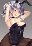  :d absurdres alternate_costume animal_ears black_leotard blue_eyes blush breasts brown_legwear bunny_ears bunnysuit collarbone fake_animal_ears highres hinacalibur kantai_collection kashima_(kantai_collection) large_breasts leotard open_mouth pantyhose round_teeth short_hair silver_hair smile solo teeth two_side_up 