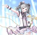  belt blush breasts eyebrows_visible_through_hair furukawa_tsukumo grey_hair holding holding_microphone idolmaster idolmaster_cinderella_girls kanzaki_ranko large_breasts looking_at_viewer microphone open_mouth pink_eyes pointing short_hair short_twintails smile solo twintails 