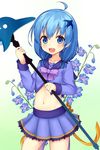  :d ahoge blue_eyes blue_hair blue_skirt delphinium_(flower_knight_girl) dolphin eyebrows_visible_through_hair flower flower_knight_girl gradient gradient_background green_background hair_ornament highres kida_kuro_mu larkspur_(flower) looking_at_viewer low_twintails medium_hair midriff navel object_namesake open_mouth skirt smile solo staff twintails white_background 