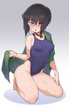 atte7kusa bare_legs barefoot black_hair blue_swimsuit breasts bright_pupils choker competition_swimsuit covered_navel eyebrows_visible_through_hair eyes_visible_through_hair girls_und_panzer gradient gradient_background grey_background hair_between_eyes hair_over_one_eye highleg highleg_swimsuit highres kawashima_momo kneeling looking_at_viewer medium_breasts monocle off_shoulder one-piece_swimsuit one_eye_closed protected_link purple_eyes ribbon_choker short_hair solo sweat swimsuit towel white_pupils wristband 