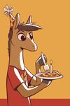  2017 anthro candle clothed clothing disney equine fan_character fire food fuel_(artist) hat hi_res holding_object hooves horse male mammal orange_background party_hat pizza pizzacolt plate simple_background solo spork zootopia 