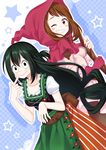  ;d alternate_costume asui_tsuyu blush blush_stickers boku_no_hero_academia braid breasts brown_eyes brown_hair checkered checkered_background cloak corset dirndl dress finger_to_mouth french_braid german_clothes gloves green_eyes green_hair hood hooded_cloak kitsuneco long_hair looking_at_viewer multiple_girls one_eye_closed open_mouth puffy_short_sleeves puffy_sleeves short_hair short_sleeves small_breasts smile staff star teeth uraraka_ochako very_long_hair 