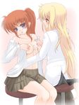  2girls age_gap blonde_hair blue_eyes blush breasts cleavage collared_shirt couple embarrassed fate_testarossa frapowa grope hair_ornament happy long_hair looking_at_another lyrical_nanoha mahou_shoujo_lyrical_nanoha mahou_shoujo_lyrical_nanoha_a&#039;s medium_breasts multiple_girls open_mouth orange_hair red_eyes ribbon school_uniform side_ponytail simple_background sitting smile student takamachi_nanoha teacher unbuttoned_shirt uniform yuri 