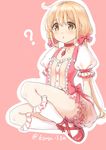  1girl :o artist_name artist_request blonde_hair bloomers blush bow breasts brown_eyes character_request choker collarbone date eyebrows_visible_through_hair gem gloves hair_bow highres kaname_madoka kaname_madoka_(cosplay) kneehighs long_hair magical_girl mahou_shoujo_madoka_magica open_mouth pink_background puffy_sleeves question_mark shiny_thighs short_twintails simple_background sitting small_breasts solo source_request very_long_hair white_outline 