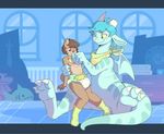  ageplay anthro bib blue_eyes blue_hair blush bottle brown_eyes brown_fur brown_hair canine claws coyote cuddlehooves diaper dragon drinking duo feral fur hair holding_(disambiguation) male mammal nipples sitting wings 