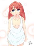 1girl artist_signature blue_eyes breasts cleavage downblouse long_hair no_bra open_mouth red_hair small_breasts solo standing 
