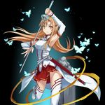  arm_up armpits asuna_(sao) black_background breastplate brown_eyes brown_hair da-cart detached_sleeves floating_hair highres holding holding_sword holding_weapon long_hair looking_at_viewer miniskirt pleated_skirt red_skirt sheath skirt smile solo sword sword_art_online thighhighs very_long_hair weapon white_legwear 