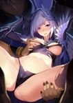  absurdres blue_eyes blue_hair blush bracelet breast_grab breasts brynhildr_(fate) cameltoe doitsu_no_kagaku fate/grand_order fate_(series) foreshortening grabbing head_wings highres jewelry long_hair looking_to_the_side medium_breasts mouth_hold nail_polish navel solo_focus spread_legs thigh_grab thighhighs torn_clothes torn_legwear 