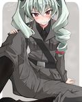  absurdres anchovy anzio_military_uniform arm_support artist_name bangs belt black_belt black_footwear black_ribbon black_shirt blurry boots commentary_request dated depth_of_field drill_hair eyebrows_visible_through_hair eyes_visible_through_hair girls_und_panzer green_hair grey_background grey_jacket grey_pants grin hair_ribbon hand_on_own_knee highres isofude jacket knee_boots long_hair looking_at_viewer military military_uniform outside_border pants red_eyes ribbon rounded_corners sam_browne_belt shirt signature sitting smile solo sweat twin_drills twintails twitter_username uniform 