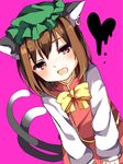  animal_ears bangs blush bow bowtie brown_hair cat_ears cat_tail chen dutch_angle eyebrows_visible_through_hair green_hat hat heart highres karasusou_nano long_sleeves looking_at_viewer mob_cap multiple_tails open_mouth pink_background pink_eyes short_hair simple_background solo tail touhou two_tails yellow_bow yellow_neckwear 