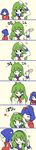  2girls black_eyes comic green_eyes green_hair hair_brush hair_brushing hair_tubes hairband highres kochiya_sanae long_hair long_image multiple_girls neckerchief purple_hair sailor_collar school_uniform serafuku shukinuko silent_comic tall_image touhou yasaka_kanako 