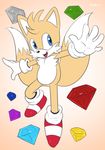  anthro blue_eyes canine chaos_emerald clothing dipstick_tail footwear fox gloves mammal miles_prower multi_tail multicolored_tail nomdelights open_mouth shoes solo sonic_(series) toony 