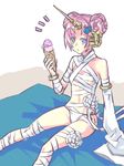  bandages double_bun endou_minari fate/apocrypha fate/grand_order fate_(series) frankenstein's_monster_(fate) frankenstein's_monster_(swimsuit_saber)_(fate) hair_ornament heterochromia highres horn ice_cream_cone pink_hair sitting solo 