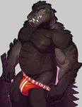  2017 anthro biceps big_muscles black_scales black_skin bulge clothed clothing crocodilian kaiju knuxlight looking_at_viewer male manly musclegut muscular muscular_male pecs reptile scales scalie simple_background solo standing topless triceps underwear xer&#039;roc 