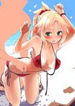  1girl against_fourth_wall arms_up assisted_exposure bent_over bikini bikini_tan blonde_hair blush breasts eyebrows_visible_through_hair fang fate/apocrypha fate/grand_order fate_(series) front-tie_bikini front-tie_top green_eyes hair_ornament heart kneeling medium_breasts mordred_(fate)_(all) mordred_(swimsuit_rider)_(fate) mozu_(peth) navel open_mouth red_bikini sandals short_hair side-tie_bikini swimsuit tan tanline untying wet wristband 