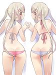  against_wall ass bikini blush contrapposto from_behind halterneck katatsuka_kouji long_hair looking_at_viewer looking_back lowleg lowleg_bikini mana_(katatsuka_kouji) mina_(katatsuka_kouji) multiple_girls open_mouth original red_eyes siblings silver_hair sisters sketch standing striped striped_bikini swimsuit twins twintails very_long_hair 
