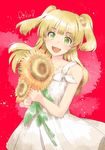  :d absurdres alpha_(yukai_na_nakamatachi) blonde_hair character_name commentary_request dress flower green_eyes hair_flower hair_ornament highres idolmaster idolmaster_cinderella_girls jougasaki_rika jpeg_artifacts long_hair open_mouth red_background smile solo sundress sunflower teeth two_side_up white_dress 