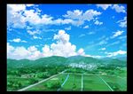  blue_sky border building city cloud cloudy_sky commentary day highres hirota_(masasiv3) house landscape mountain mountainous_horizon nature no_humans outdoors river road scenery sky 