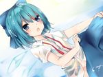 blue_bow blue_eyes blue_hair blush bow buttons cirno collared_shirt cowboy_shot dutch_angle groin hair_bow ice ice_wings karasusou_nano open_mouth partially_unbuttoned see-through shirt short_hair short_sleeves solo touhou wet wet_clothes wet_hair wet_shirt white_shirt wings 
