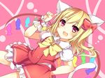  :d animal_ears bangs blonde_hair blush bow bowtie cat_ears cat_tail cowboy_shot dutch_angle eyebrows_visible_through_hair flandre_scarlet hair_bow hand_up highres index_finger_raised karasusou_nano kemonomimi_mode looking_at_viewer one_side_up open_mouth pink_eyes red_bow red_skirt short_sleeves skirt skirt_set smile solo tail touhou yellow_bow yellow_neckwear 