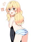  1girl ass blonde_hair blush braid breasts clothes_removed covering covering_breasts d: from_behind kirisame_marisa long_hair looking_at_viewer open_mouth panties side_braid single_braid small_breasts solo striped striped_panties surprised touhou underwear underwear_only undressing wavy_hair wavy_mouth yellow_eyes yururi_nano 