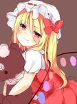  bangs blonde_hair blush bow brown_background brown_eyes closed_mouth cowboy_shot eyebrows_visible_through_hair fang_out flandre_scarlet hair_between_eyes hat hat_bow head_tilt highres holding holding_stuffed_animal karasusou_nano long_hair looking_at_viewer mob_cap red_skirt short_sleeves side_ponytail simple_background skirt skirt_set solo stuffed_animal stuffed_toy teddy_bear touhou white_hat 