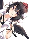  :q bangs black_bow black_bra black_hair black_wings blush bow bow_bra bra breasts brown_eyes buttons cleavage collared_shirt dutch_angle eyebrows_visible_through_hair hair_between_eyes hat highres karasusou_nano looking_at_viewer medium_breasts mob_cap open_clothes open_shirt shameimaru_aya shirt short_hair short_sleeves simple_background solo tokin_hat tongue tongue_out touhou underwear upper_body white_background white_shirt wings 