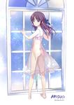  against_window alpha_(yukai_na_nakamatachi) ass back barefoot bow character_name from_behind full_body hair_bow hair_ribbon half_updo idolmaster idolmaster_cinderella_girls jpeg_artifacts looking_back nightgown no_panties parted_lips ribbon see-through signature solo standing tachibana_arisu twitter_username window 