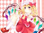  absurdres argyle argyle_background ascot bangs blonde_hair blush bow closed_mouth eyebrows_visible_through_hair flandre_scarlet food fork frown fruit hair_between_eyes hand_on_own_cheek hat highres holding holding_fork karasusou_nano looking_at_viewer multicolored multicolored_eyes red_bow red_footwear red_skirt shoes short_sleeves side_ponytail skirt skirt_set socks solo strawberry striped striped_background touhou white_hat white_legwear 