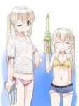  bikini bikini_bottom bikini_top blonde_hair closed_eyes grin katatsuka_kouji long_hair looking_at_viewer mana_(katatsuka_kouji) mina_(katatsuka_kouji) multiple_girls navel original pink_bikini red_eyes shirt short_shorts shorts siblings sisters sketch smile swimsuit twins twintails water_gun wet wet_clothes wet_shirt yellow_bikini 