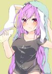  animal_ears bangs black_shirt blue_towel blush bottle breasts bunny_ears commentary_request cowboy_shot floppy_ears hair_between_eyes highres holding karasusou_nano long_hair looking_at_viewer medium_breasts milk_bottle no_pants panties pink_eyes purple_hair purple_panties reisen_udongein_inaba shirt short_sleeves sidelocks simple_background solo touhou towel towel_on_head underwear very_long_hair yellow_background 