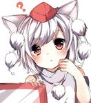  ? animal_ears bangs blush brown_eyes detached_sleeves eyebrows_visible_through_hair hat inubashiri_momiji karasusou_nano looking_at_viewer parted_lips pom_pom_(clothes) short_hair simple_background solo tokin_hat touhou upper_body white_background white_hair wolf_ears 