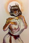  2017 5_fingers anthro arm_tuft biped black_hair breasts brown_fur brown_spots cheetah chest_tuft choker claws clothed clothing erect_nipples eyelashes facial_markings feline female fluffyboobs front_view fur hair half-length_portrait halo hand_on_breast hi_res humanoid_hands looking_at_viewer mammal markings medium_breasts multi_nipple multicolored_fur nipple_bulge nipple_piercing nipples one_breast_out orange_fur piercing pink_nipples pinup portrait pose rashida_(fluffyboobs) red_claws short_hair simple_background small_waist smile solo spots spotted_fur standing teasing textured_background toga traditional_media_(artwork) tuft watercolor_(artwork) white_background white_fur 