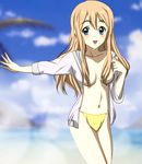  00s 1girl blonde_hair blue_eyes blurry blurry_background cloud convenient_censoring eyebrows gentoku hair_censor hair_over_breasts k-on! kotobuki_tsumugi long_hair looking_at_viewer navel no_bra open_clothes open_mouth sky smile solo standing 