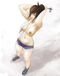  1girl areolae arms_up artist_request breasts brown_hair fixing_hair hair_bun hair_ornament hairpin hands_behind_head mei_(overwatch) nipples overwatch solo topless towel 