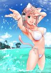  animal_ears beach bikini blush breasts cameltoe cat_ears cleavage commentary_request covered_nipples day ganari_ryuu green_eyes headphones headset highres large_breasts long_hair looking_at_viewer navel ocean one_eye_closed open_mouth original pink_hair puffy_nipples side-tie_bikini smile solo super_tama_musume swimsuit tail tamatoys white_bikini 