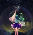  arm_up aura blue_skirt commentary_request detached_sleeves energy floating_hair frilled_skirt frills from_behind gohei green_hair hoshino_arika kneepits kochiya_sanae long_hair looking_afar morning mountain night night_sky oonusa shiny shiny_hair shirt shooting_star skirt skirt_lift sky solo standing star_(sky) starry_sky sunrise touhou white_shirt wide_sleeves wind 