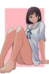  bangs bare_legs barefoot brown_hair closed_mouth commentary_request dress grey_eyes highres knees_up looking_at_viewer matsuse_daichi original pink_background sailor_collar sailor_dress short_hair short_sleeves sitting solo thighs toes two-tone_background white_background white_dress 