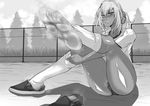  1girl blush dark_skin feet gyaru gym_uniform hair_ornament kigetsumiya long_hair one_eye_closed one_leg_raised pov pov_feet shoes_removed sitting socks soles steam tan 