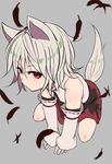  animal_ears bare_shoulders collared_shirt detached_sleeves expressionless eyebrows_visible_through_hair feathers full_body grey_background grey_hair highres inubashiri_momiji looking_at_viewer marsen no_hat no_headwear red_eyes ribbon-trimmed_sleeves ribbon_trim shirt short_hair simple_background skirt sleeves_past_wrists solo squatting tail touhou turtleneck wide_sleeves wolf_ears wolf_tail 