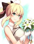  ahoge artoria_pendragon_(all) black_bow blonde_hair bouquet bow breastplate eyebrows_visible_through_hair fate/unlimited_codes fate_(series) flower gloves green_eyes hair_between_eyes hair_bow high_ponytail holding holding_bouquet long_hair oyaji-sou red_ribbon ribbon saber_lily sidelocks smile solo upper_body white_background white_flower white_gloves 