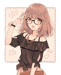  bangs bare_shoulders black-framed_eyewear blunt_bangs brown_eyes brown_hair commentary_request glasses hair_ornament hairpin horiizumi_inko jewelry looking_at_viewer necklace off-shoulder_shirt original pincushion pinky_ring ring salute shirt sketch smile solo thread tied_shirt tied_sleeves upper_body x_hair_ornament 