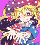  american_flag_dress blonde_hair breasts clownpiece commentary_request furorina hat heart heart-shaped_pupils jester_cap long_hair looking_at_viewer medium_breasts neck_ruff pink_background polka_dot red_eyes simple_background smile solo star star_print striped symbol-shaped_pupils tongue tongue_out touhou upper_body 