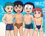  4boys black_hair doraemon green_hair kukuru_(doraemon) kuruto_harutoman multiple_boys nobi_nobita red_hair roppuru shirtless 