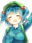  :d arm_up backpack bag bangs blue_hair blue_shirt blush closed_eyes collared_shirt eyebrows_visible_through_hair facing_viewer green_hat hair_bobbles hair_ornament hat highres karasusou_nano kawashiro_nitori open_mouth shirt short_hair simple_background sleeves_past_wrists smile solo touhou twintails upper_body white_background 
