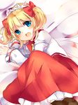  bangs blonde_hair blue_eyes blush bow eyebrows_visible_through_hair hair_bow highres karasusou_nano long_sleeves looking_at_viewer lying on_side open_mouth red_bow red_skirt skirt solo sunny_milk touhou twintails 