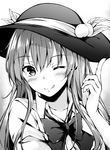  :q ;) bangs blush bow bowtie collared_shirt food fruit greyscale hair_between_eyes hand_up hat heart hinanawi_tenshi index_finger_raised leaf long_hair looking_at_viewer monochrome one_eye_closed peach shirt sidelocks smile solo tongue tongue_out touhou upper_body yuhito_(ablbex) 